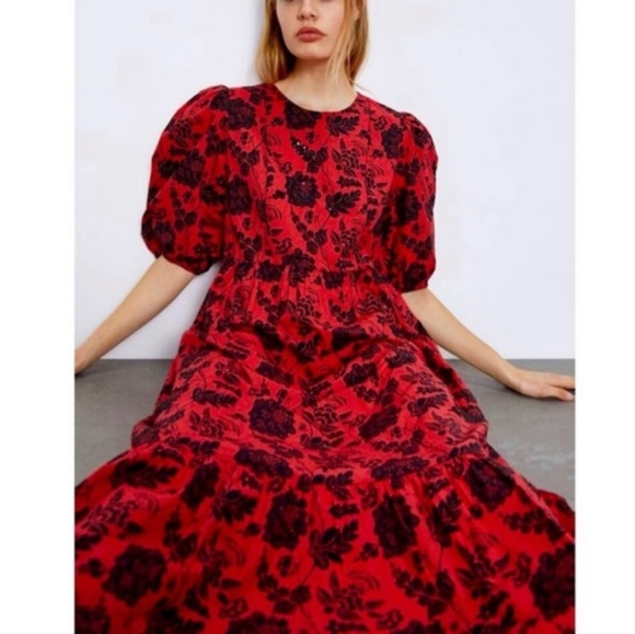 Zara Dresses & Skirts - Zara Red Floral Sequins and Embroidered Puff Sleeve Dress